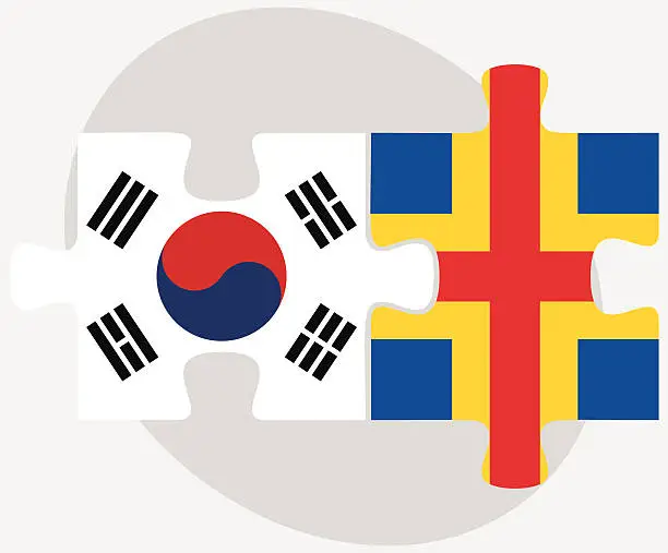 Vector illustration of South Korea and Aaland Islands Flags in puzzle isolated