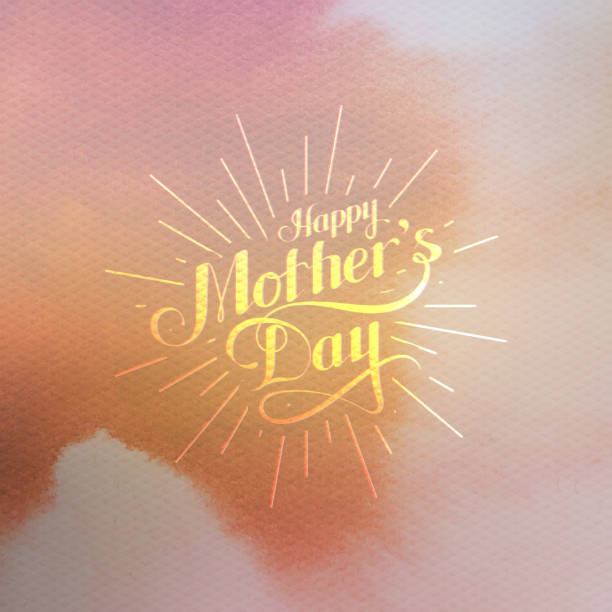 handwritten Happy Mothers Day retro label with light rays vector typographic illustration of handwritten Happy Mothers Day retro label with light rays on watercolor background. lettering composition. postcard design i love you mom stock illustrations