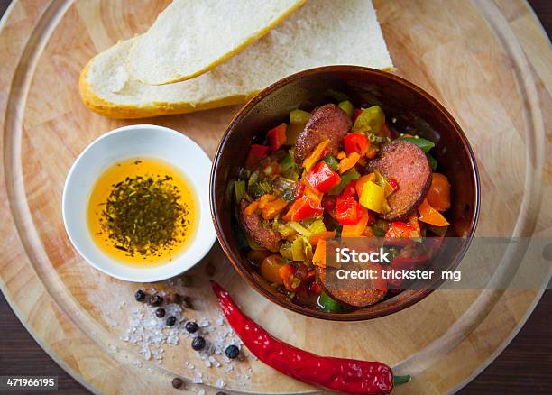 Dish With Chorizo Stock Photo - Download Image Now - Baguette, Basil, Beige