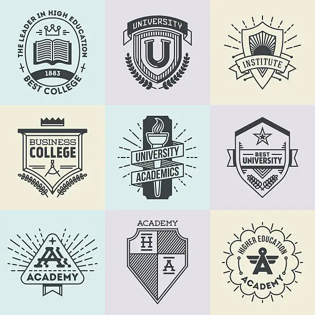Vector illustration of Assorted retro design insignias high education logotypes set 1.