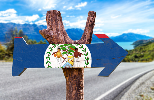 Belize Flag wooden sign with road background