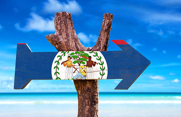 istock Belize Flag wooden sign with beach background 471969322