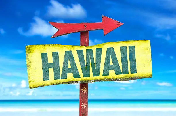 Photo of Hawaii sign with a beach background