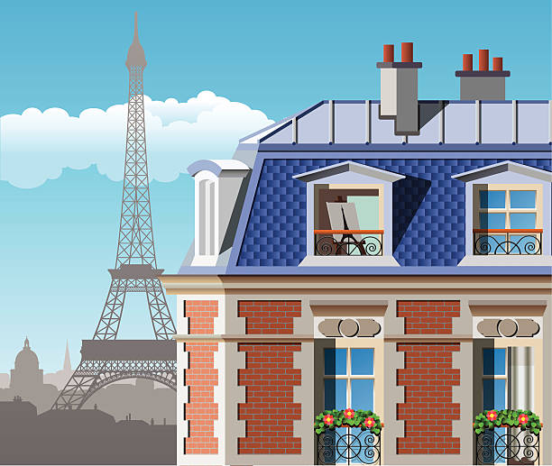 illustrations, cliparts, dessins animés et icônes de vue sur la tour eiffel depuis l'hôtel - model home house home interior roof