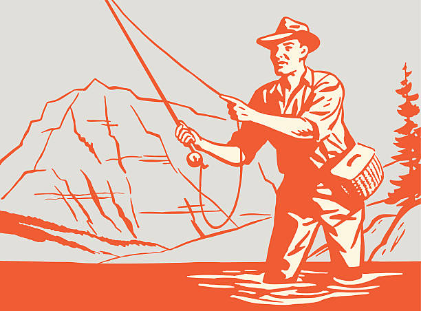 ilustraciones, imágenes clip art, dibujos animados e iconos de stock de hombre pesca con mosca - wading