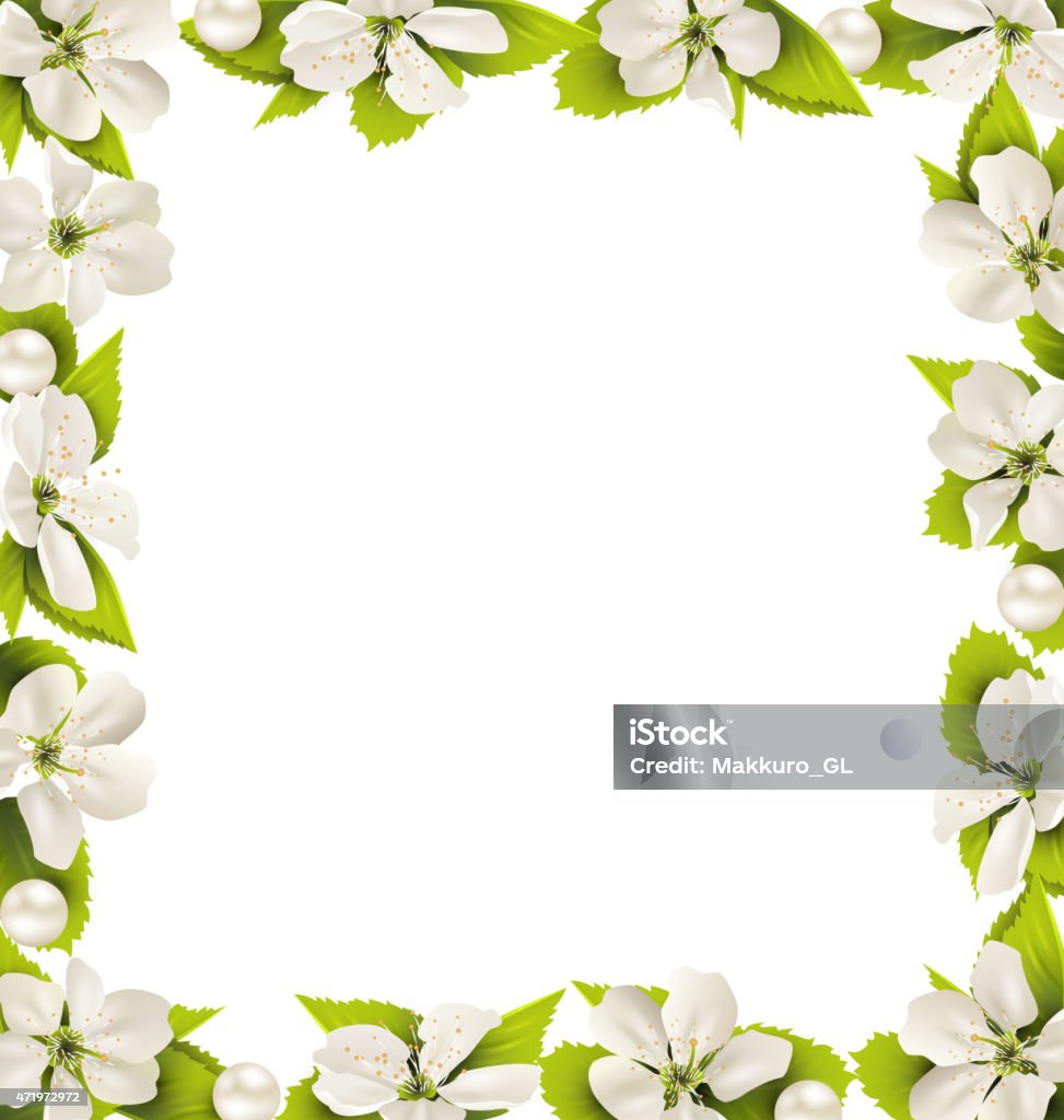 Cherry flowers with pearl beads like frame on white Cherry flowers with pearl beads like frame isolated on white background Plum Tree stock vector