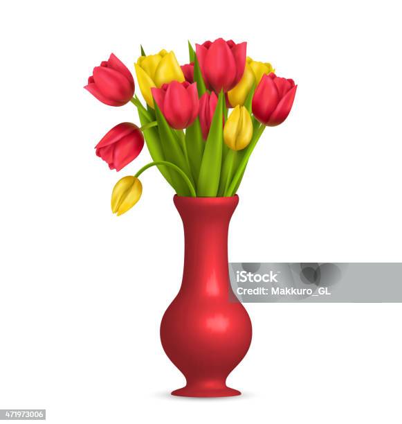 Tulips In Vase Isolated On White Stock Illustration - Download Image Now - 2015, Adult, Backgrounds