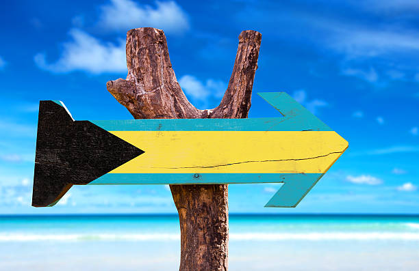 istock Bahamas Flag sign with beach background 471973472