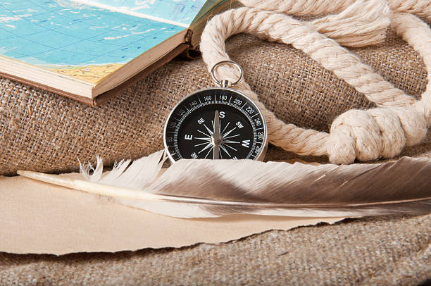 istock old paper and feather birds, compass and rope 471973578