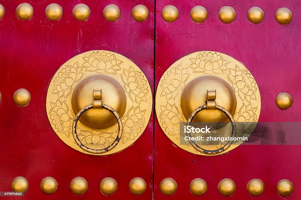 Asian elements Door, Asian elements, religion, security, metal materials, scarlet door, no one, large families, China, Korea, Japan, design, creativity, background, symmetrical, 2015 Stock Photo