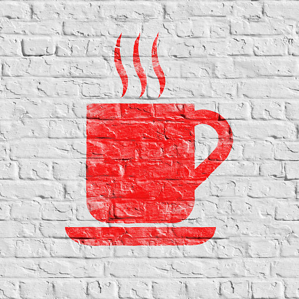 Red Cup of Coffee Icon on White Brick Wall. Grunge Background. Seamless.
