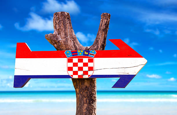 istock Croatia wooden sign with a beach on background 471979228