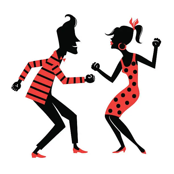 Vector illustration of A silhouetted man and woman dancing wearing red