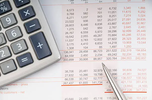 Photo of Close-up of a print out of a balance sheet with calculator