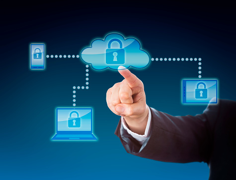 Cloud computing security business metaphor in blue colors. Corporate arm reaching out to a lock symbol inside a cloud icon. The padlock repeats on cellphone, tablet PC and laptop within the network.
