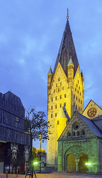 Paderborn Cathedral,  Germany Catholic Paderborn Cathedral  is mainly of the 13th century. The western tower of the 12th century is 93 m high. In evening paderborn stock pictures, royalty-free photos & images