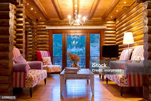 Guest House Lounge Area Stock Photo - Download Image Now - Log Cabin, Indoors, Rustic