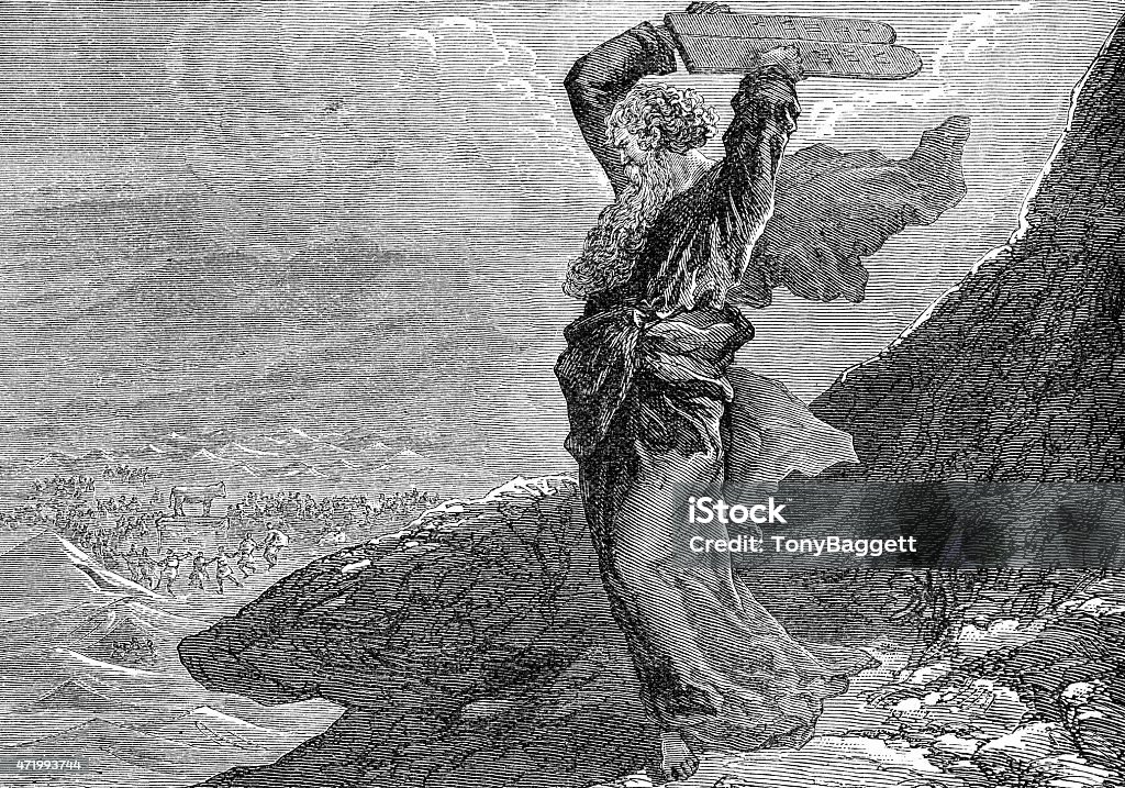 Moses breaking the two tablets of stone An engraved illustration image of Moses breaking the two tablets of stone, from a vintage Victorian book dated 1883 that is no longer in copyright Ten Commandments stock illustration