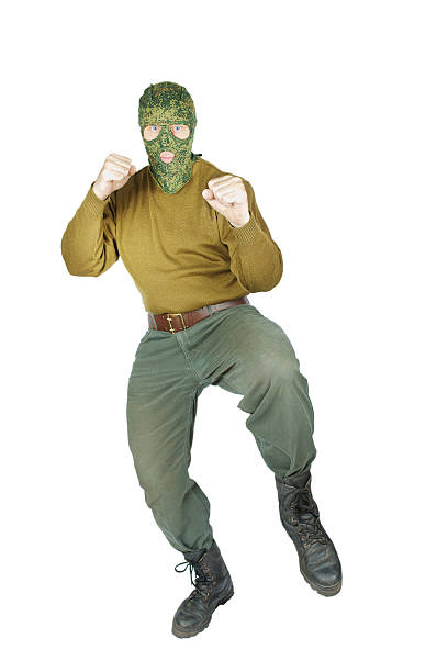 истребитель готов удар ногой с его - pants green camouflage men стоковые фото и изображения