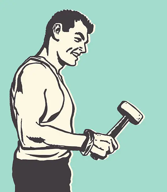 Vector illustration of Smiling Strong Man Holding a Hammer