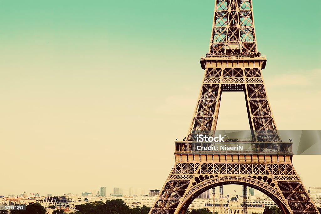 Eiffel Tower section, Paris, France Eiffel Tower middle section, the city in the background, Paris, France. Vintage, retro style Architecture Stock Photo