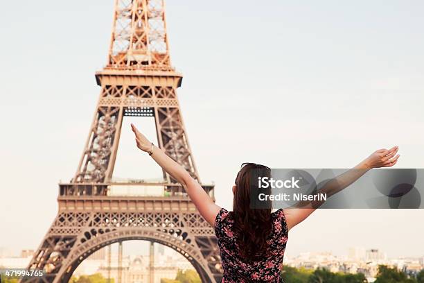 Young Happy Woman Facing The Eiffel Tower Paris France Stock Photo - Download Image Now
