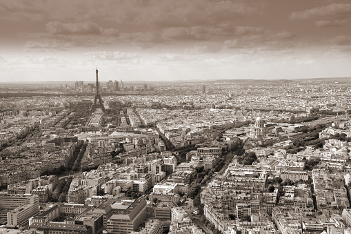 Paris, France - cityscape with Eiffel Tower. UNESCO World Heritage Site. Sepia tone.