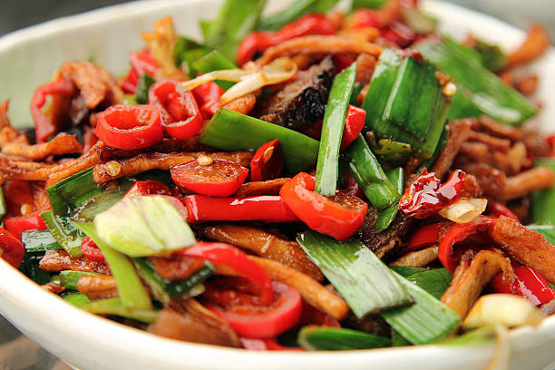 meat with onion, chili pepper and bamboo shoots