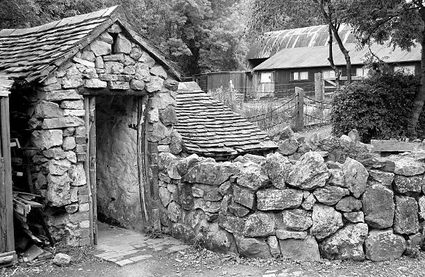 Old farm outhouse probably from the late 19th Century made using 'Dry Stone' technique. Age shown by sagging roof and misshapen door.