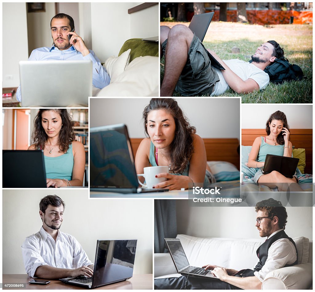 collage of people using notebook collage of people using notebook connecting Communication Stock Photo