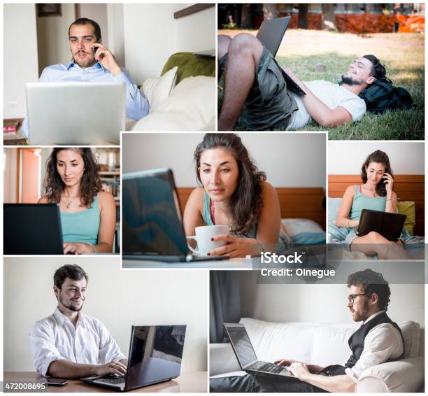 Collage Of People Using Notebook Stock Photo - Download Image Now - Communication, Computer, Connection