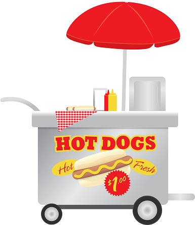 Happy and cute Hot Dog vendor stand on white background