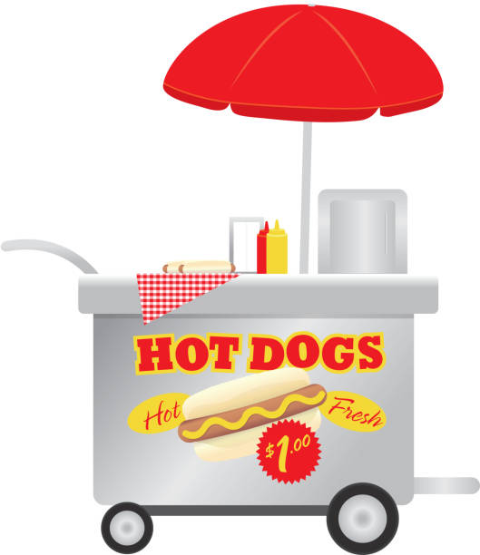 Happy and cute Hot Dog vendor stand on white background Vector illustration of a cute and Happy Hot Dog vendor stand. Bright and cheeful color palette. Easy to edit and rearrange with layers. Includes cute hot dog stand, umbrella, sign, hotdogs, mustard,ketchup containers,text design on a white background. Stainless steel stand. Summer event, park festival. Cute concept for food trucks or summer food festivals. hot dog stand stock illustrations