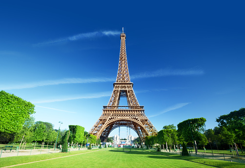 Panoramic shot of Eiffel Tower and Champ-de-Mars in Paris, France