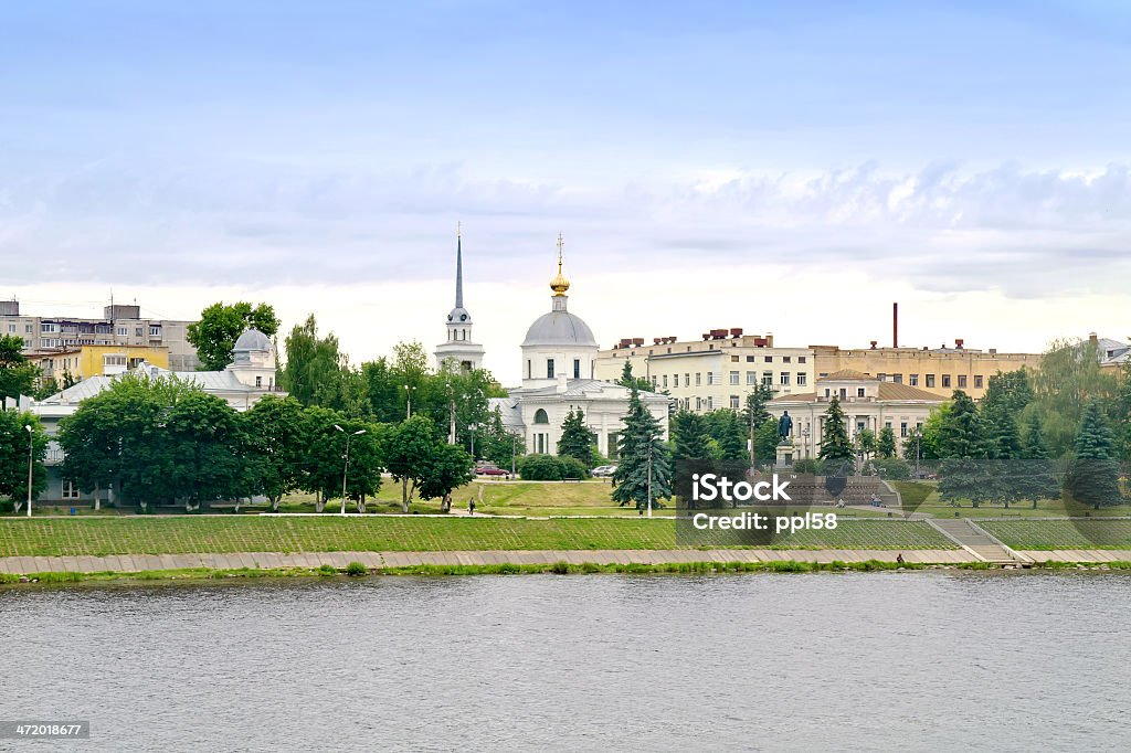 City Tver Urban landscape, the view on the shore of the Volga River and the historic church Ancient Stock Photo