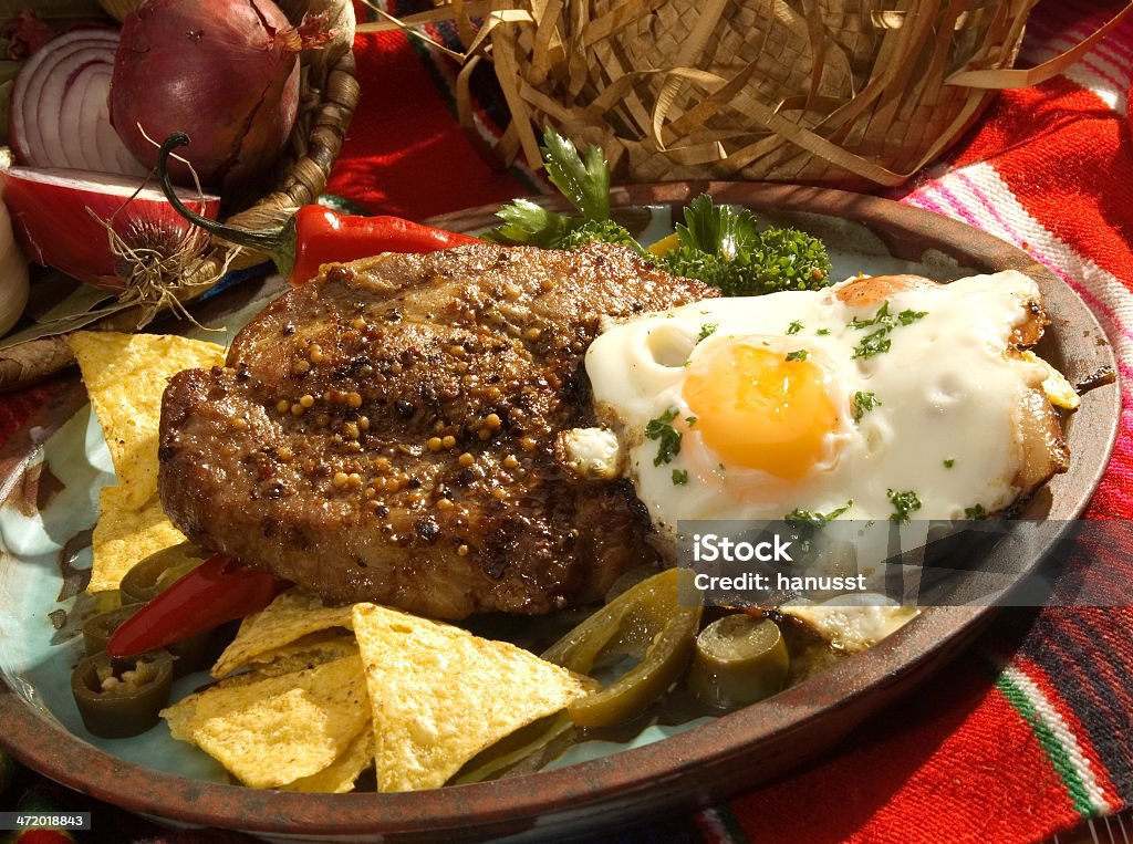 The beefsteak Mexican style beefsteak w egg and vegetable Barbecue - Meal Stock Photo