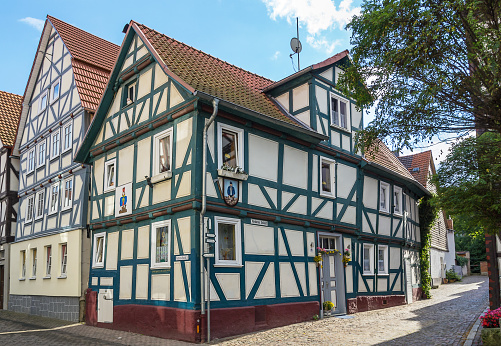 Historical half-timbered houses in downtown of Melsungen, Germany