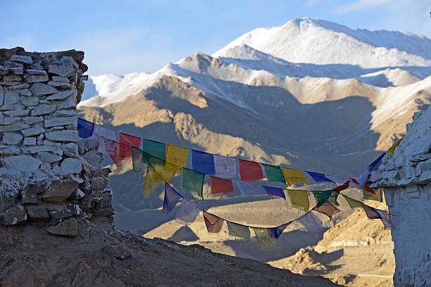 istock prayer flag and Shanti Stupa, Leh, Ladakh, India, 472022321
