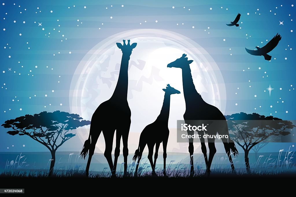 Three Giraffes silhouettes safari in savanna against blue moon Three Giraffes silhouettes safari in savanna against blue moon. Blue stock vector