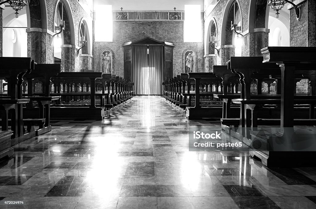 Church internal view. Black and white photo Internal view of a typical church, in the countryside area of Lomellina (between Lombardy and Piedmont, Northern Italy). 2015 Stock Photo