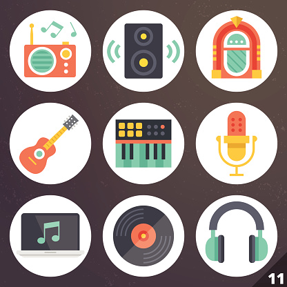 Colorful vector icons for web and mobile applications. Music instruments, tools and music industry concept. Isolated on stylish dark background. Set 11