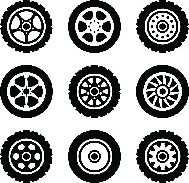ilustraciones, imágenes clip art, dibujos animados e iconos de stock de conjunto de iconos de ruedas de coche - neumático