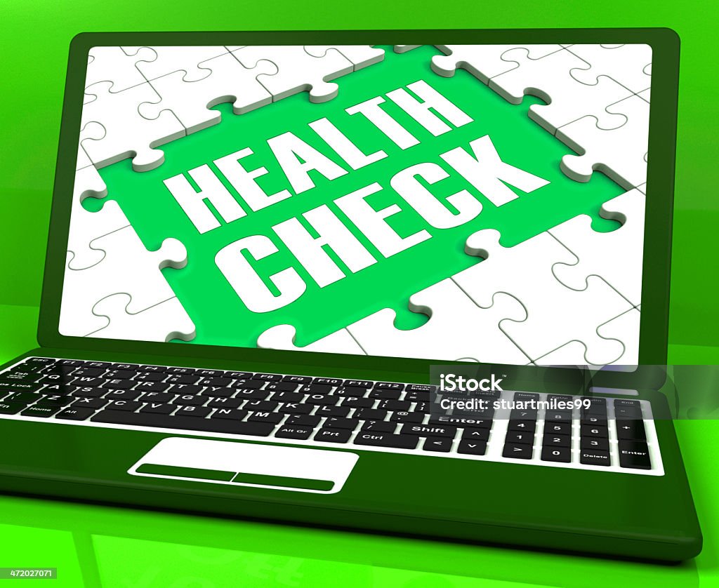Health Check Laptop Shows Medical Condition Examinations Online Health Check Laptop Showing Medical Condition Examinations Online Checked Pattern Stock Photo
