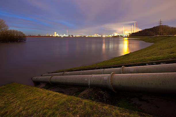 installations (of the steel industry) are light up with different colours of light at nighttime