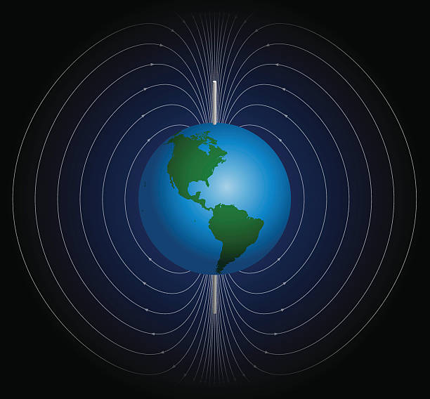 Terrestrial Magnetic Field Terrestrial magnetic field around planet earth. Vector illustration on blue to black gradient background. magnetic field stock illustrations