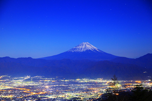 Night view of Kofu city and Mt. Fuji, Yamanashi, Japan