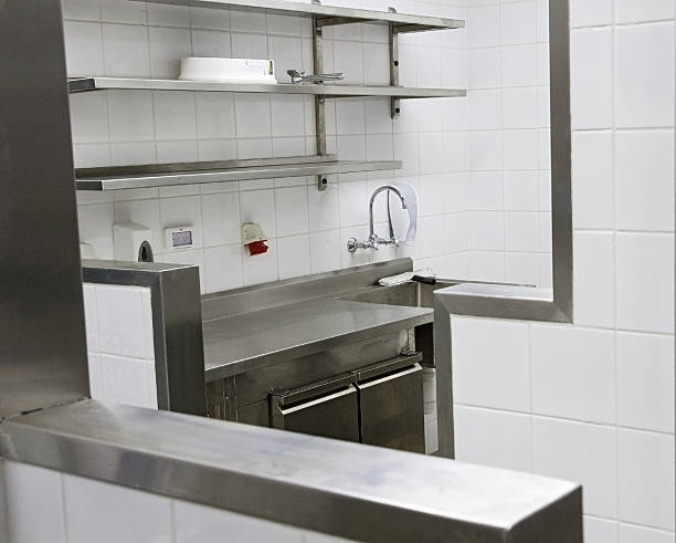 istock Professional kitchen, view counter in steel 472035436