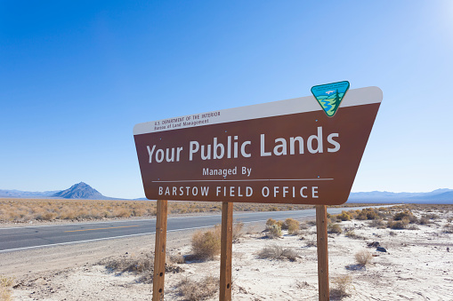 Barstow, USA - October 24, 2013: A photo of a Public Lands sign in near to Barstow in the California Desert.