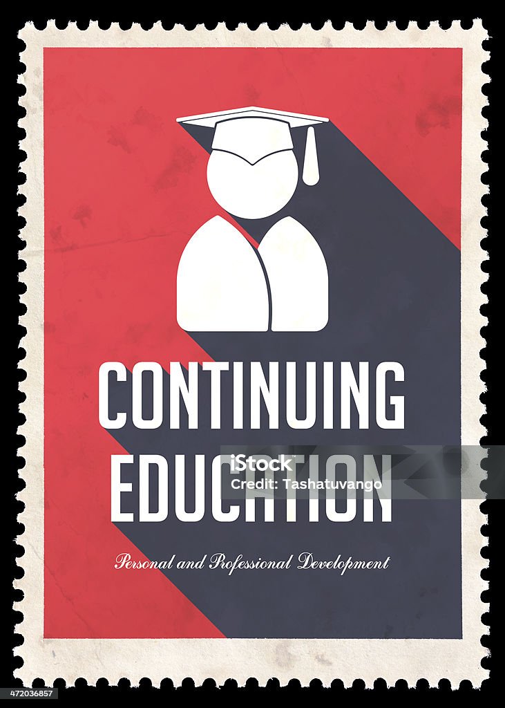 Design of a stamp-shaped Continuing Education flyer Continuing Education on Red Background. Vintage Concept in Flat Design with Long Shadows. Authority Stock Photo