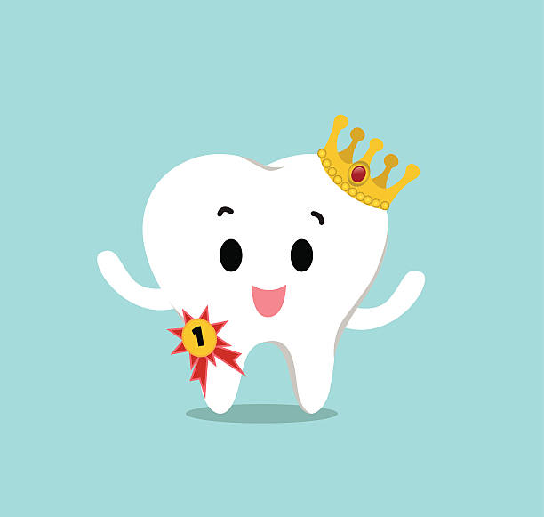 illustrazioni stock, clip art, cartoni animati e icone di tendenza di sani denti bianchi con la corona d'oro per l'assistenza sanitaria - human teeth dental hygiene dentist office human mouth